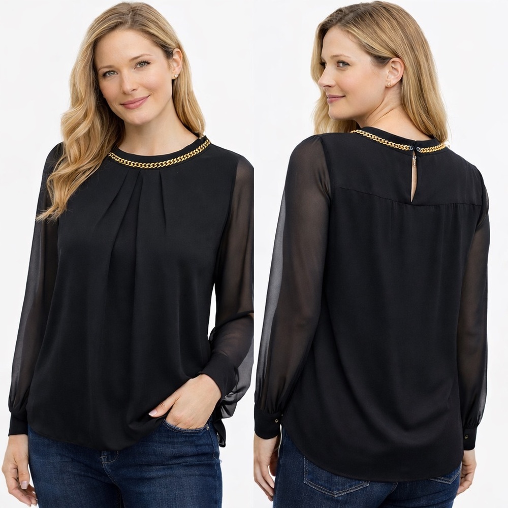 Windsor Chiffon Black Blouse Gold Chain Sheer OfficeCore Career Date Night Small